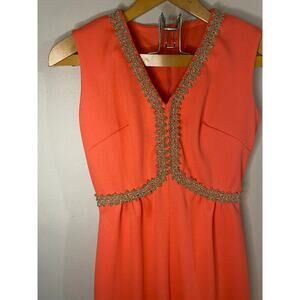 Vintage Peach Coral Sears Fashions 70s Sleeveless Maxi Dress S Zip MetallicTrim